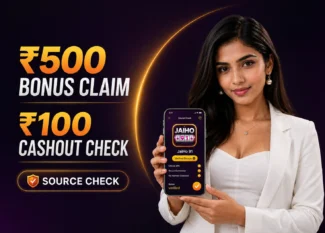 JaiHo 91 APK Link image showing an Indian woman checking ₹500 bonus claim and ₹100 cashout details