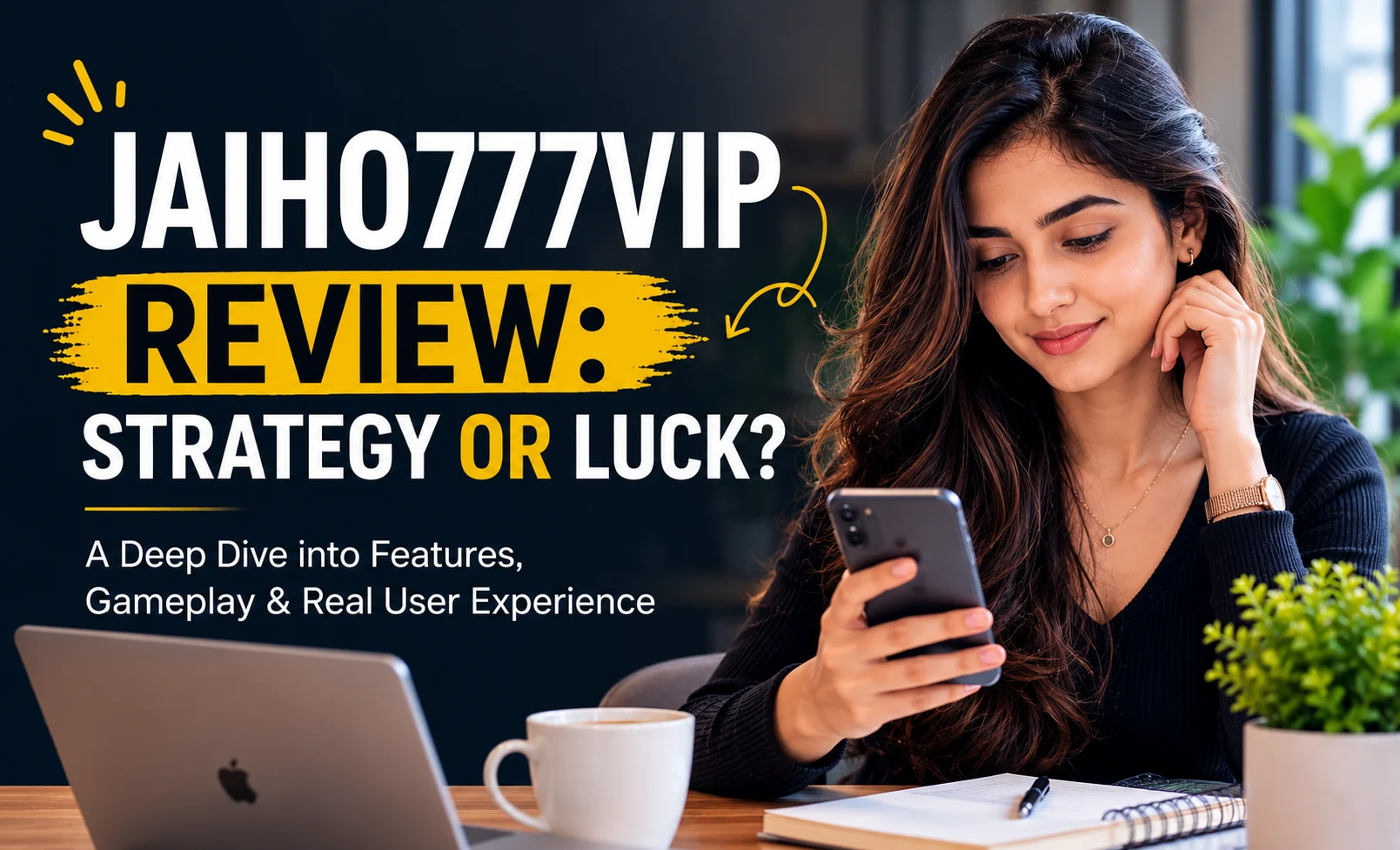 Jaiho777VIP review feature image showing an Indian woman exploring the app and user experience.